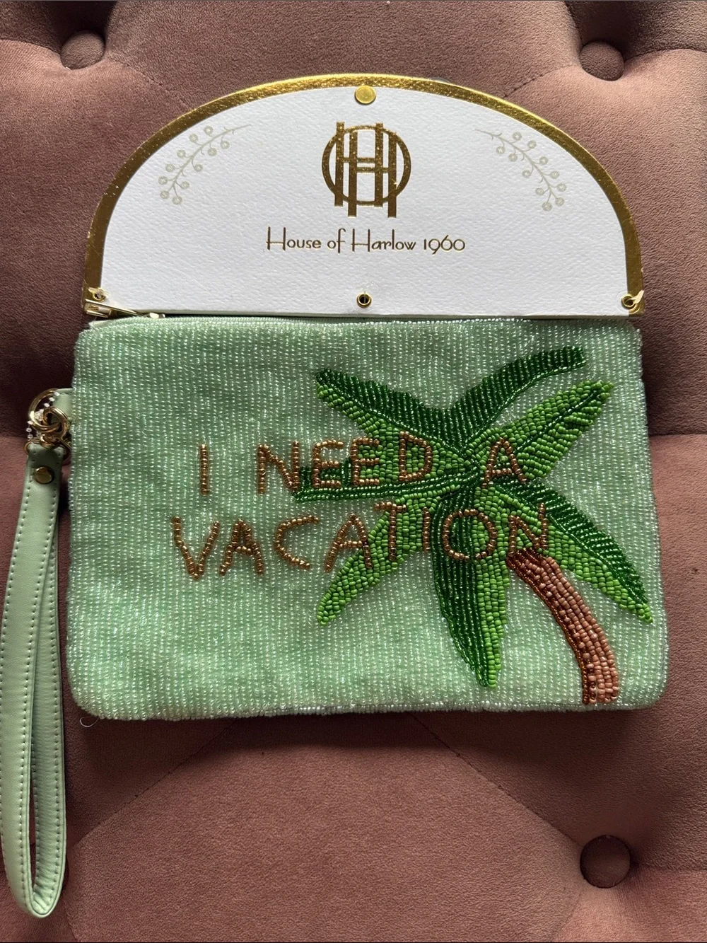 House of Harlow 1960 Mint Green Beaded 'I Need a Vacation' Wristlet